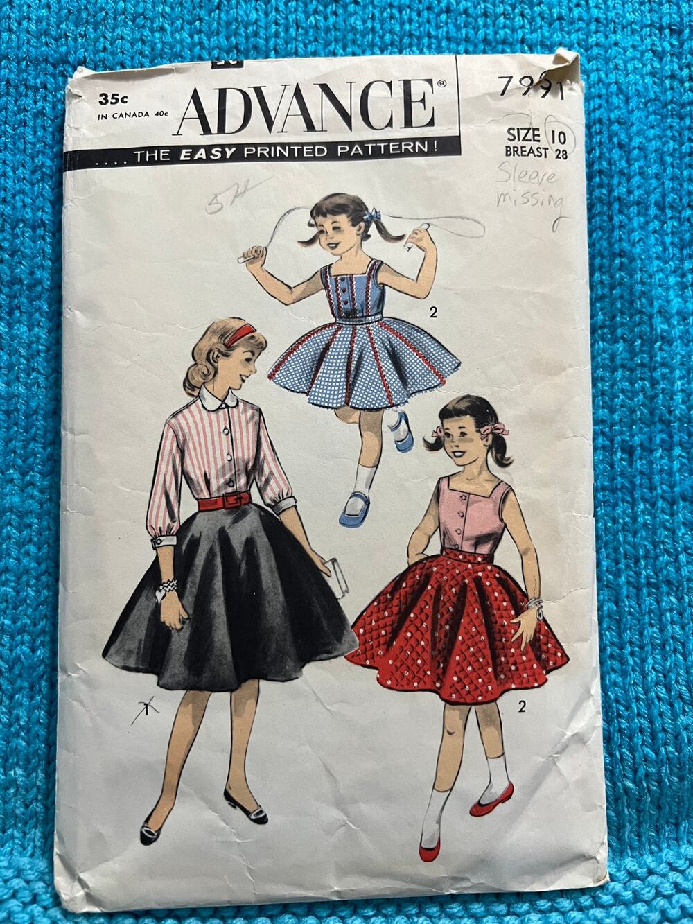Advance sewing pattern girls circle skirt dress blouse sleeveless 1950s size 10